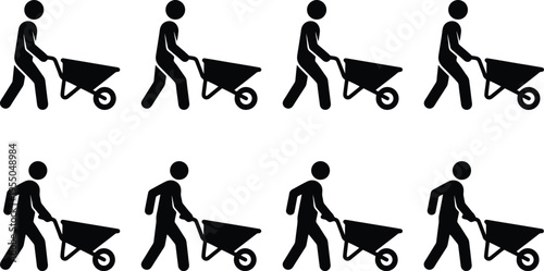 Eight black silhouette icons of a person pushing a wheelbarrow distinc presenting