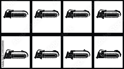 Eight black silhouette icons of chainsaws in different orientations and perspectives power saw cutting tool