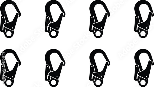 Eight black silhouette icons of carabiner clips with spring-loaded gates on a white background hook fastener