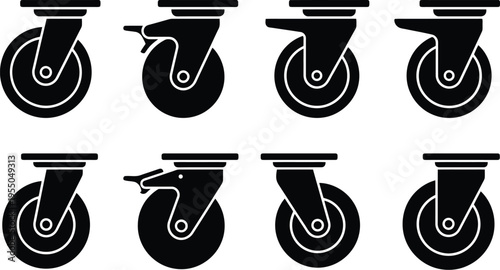 Eight black silhouette icons of different types of caster wheels with mounting plates and brakes furniture