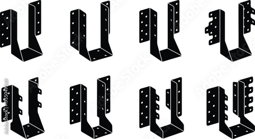 Eight Black Silhouette Icons of Metal Joist Hangers for Wood Construction metal bracket building