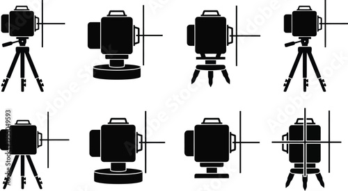 Eight Black Silhouette Icons of Laser Levels and Surveying Equipment on Tripods construction measuring