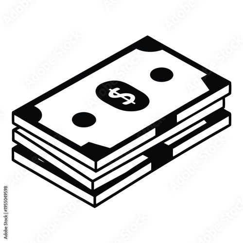 Isometric stack of money bills shows wealth and financial abundance in black and white