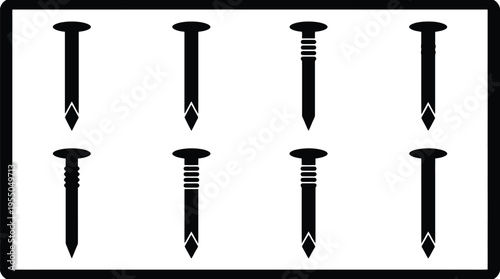 Eight Black Silhouette Icons of Nails with Different Head and Shaft Textures fastener tool