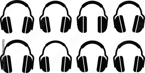 Eight black silhouette icons of over-ear headphones arranged in two rows on a white background audio