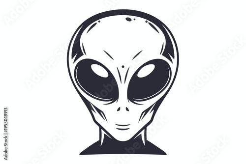 Monochrome alien portrait shows its distinct head shape with large black eyes