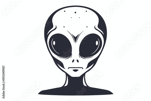 A striking gray alien face featuring large, dark eyes stares intently forward
