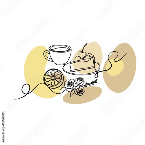 Minimalist continuous line art of coffee cup and cake with abstract organic shapes