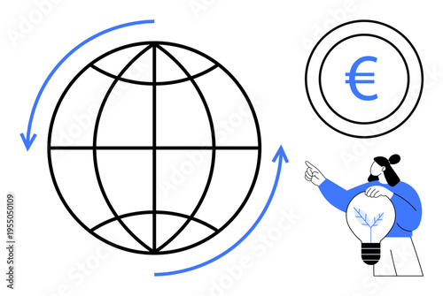 Global economy, innovation, financial planning, international trade, creative thinking, sustainability. ion of a globe, euro symbol and person with a glowing lightbulb. Global economy and innovation