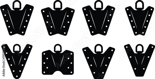 Eight black silhouette icons of protective shields with attachment loops and perforated edges on a white background
