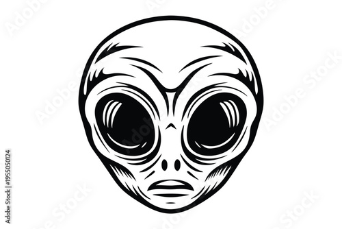 Extraterrestrial alien creature with large eyes showcases an unsettling monochrome visage on a plain backdrop