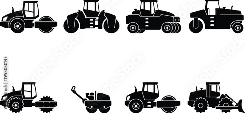 Eight black silhouette icons of road rollers and compactors on a white background steamroller construction vehicle