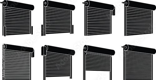 Eight black silhouette icons of roller shutters in various stages of opening and closing rolling door