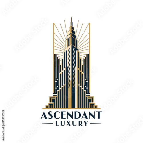 Elegant Art Deco Skyscraper Luxury Building Logo, isolated white background