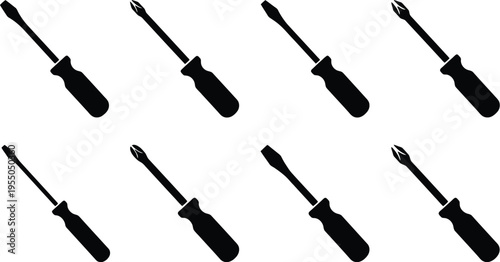Eight black silhouette icons of screwdrivers with black handles and metal shafts on a white background