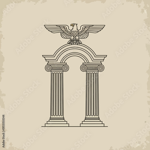 Classical Roman pillars with an arch and a majestic eagle outline drawing on a distressed bright studio background.