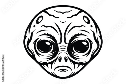 A stark monochrome alien face with huge eyes stares intently out from space