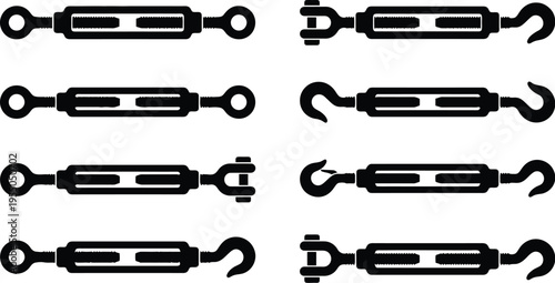 Eight black silhouette icons of turnbuckles with different end fittings rigging hardware
