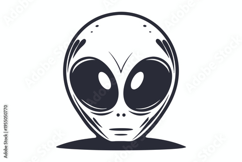 Monochrome cartoon alien portrait shows a large head and sizable, oval eyes