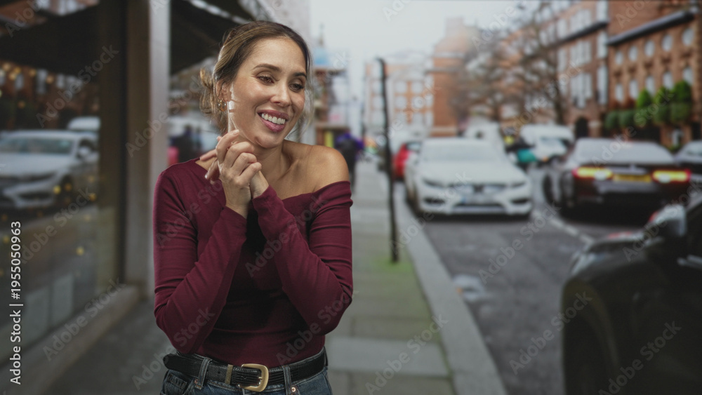 Fototapeta premium Woman in maroon top clasping hands to bare shoulder on a city street storefront, smiling with closed eyes and tilted head in a tender pose; joyful warmth.