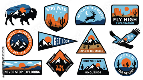 Outdoor adventure travel nature emblems and patches collection