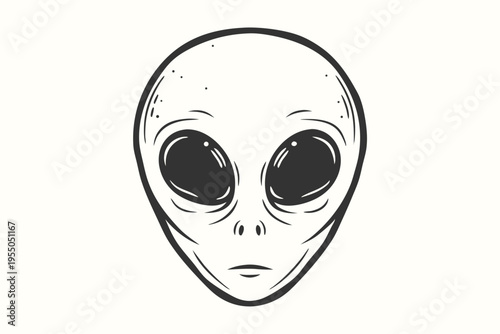 Monochrome alien face with large, dark eyes stares forward expressionlessly on an isolated background