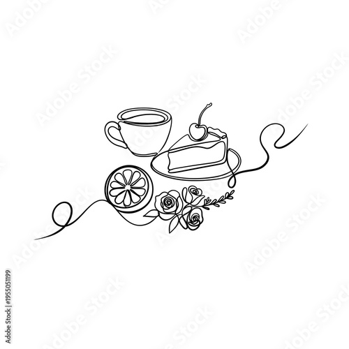 Minimalist continuous line art of coffee cup and cheesecake slice