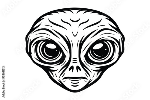 A stylized monochrome alien head stares intently forward, featuring disproportionately large dark eyes and a sleek head shape