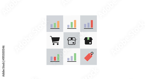 Business icons on gray background.