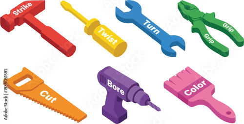 Colorful isometric icons illustrate various construction and repair actions using essential hand tools for home improvement projects.
