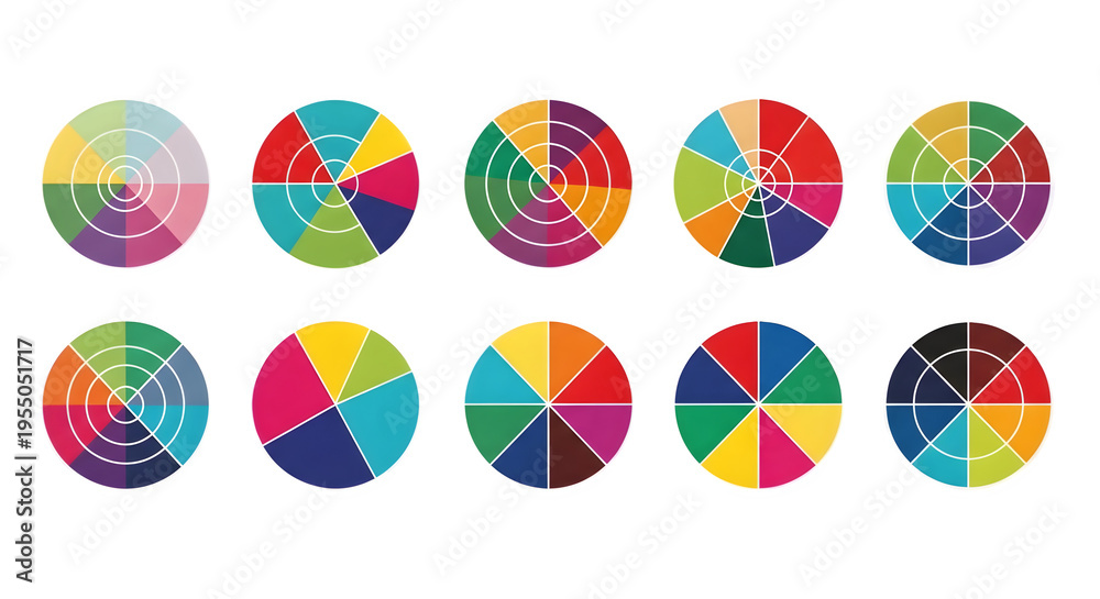 Obraz premium A collection of colorful pie charts arranged in two rows on a clean surface