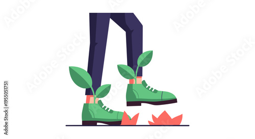 person with green boots and plants growing out of them stepping on flames