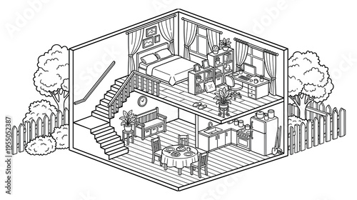 Isometric house cutaway drawing with kitchen and bedroom furnishings
