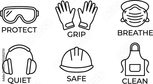 Six essential safety equipment icons are displayed above text labels indicating their protective function in a clean line art style.