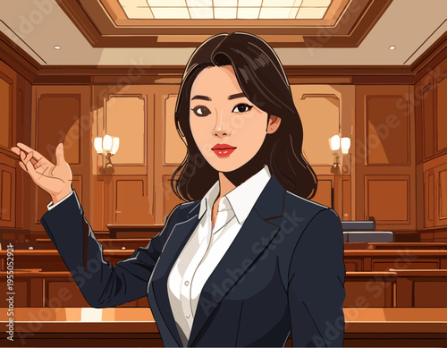 Confident female lawyer illustration standing in a classic courtroom, gesturing while presenting, symbolizing justice, advocacy, and legal expertise in a modern vector style
