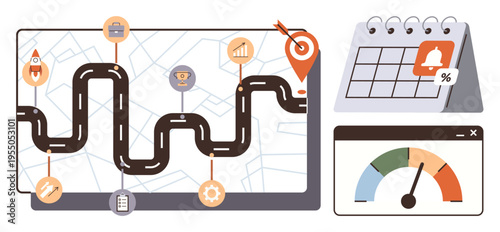 Business planning, project management, goal setting, workflow optimization, productivity analysis, timeline tracking. Roadmap with milestones, calendar reminder progress meter. Business planning