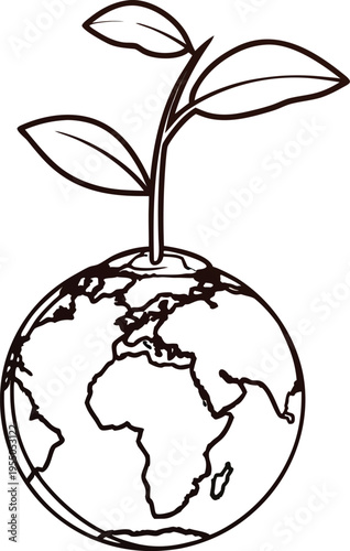 Ecology concept line art illustration of the planet Earth with a growing plant seedling on a white background