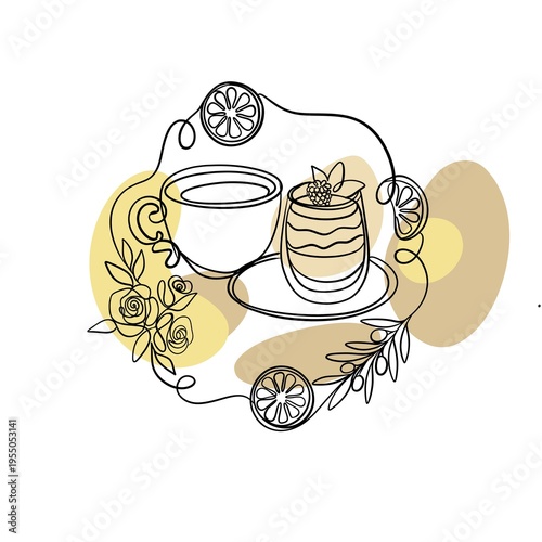 Minimalist coffee cup and dessert line art with organic boho shapes