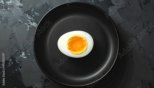 黒いお皿に卵、シンプルなお料理画像