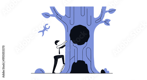 man fixing tree with wrench, maintenance concept