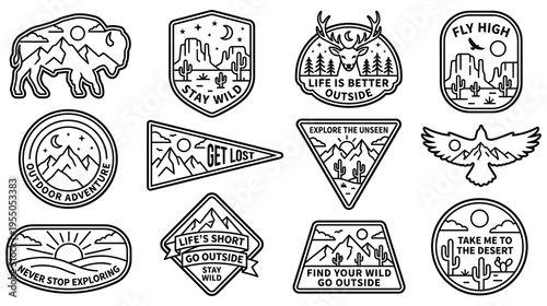 Outdoor adventure badge collection with mountain and desert designs