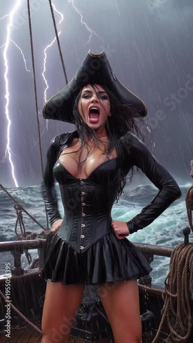 Female pirate in black latex outfit stands confidently on a ship deck during a storm, with lightning illuminating the dark sky and waves crashing around