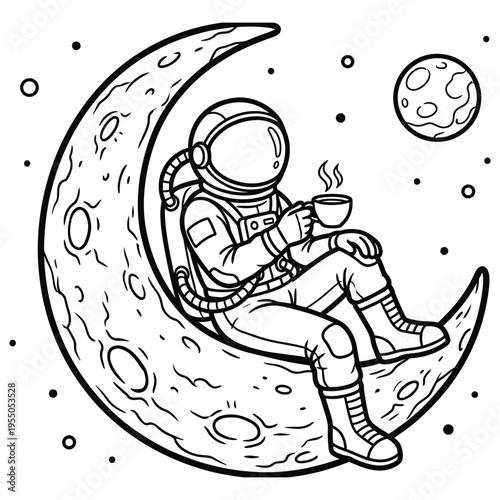 Astronaut sitting on crescent moon holding hot coffee cup in space