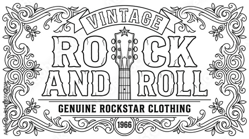 Vintage rock and roll lettering design with guitar head and frame