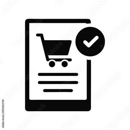 Black shopping cart inside tablet and checkmark confirms the order completion process
