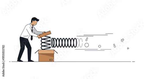 Businessman launching ideas from a cardboard box with a spring