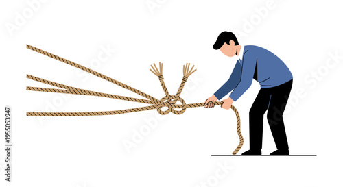 man struggling with tangled ropes, pulling apart