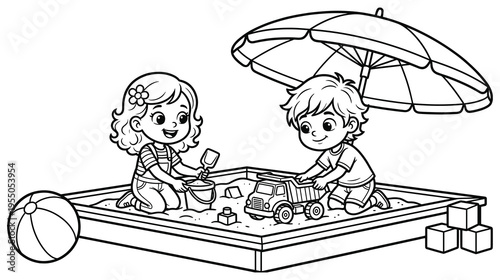 Happy children playing with sand toys under sun umbrella in park