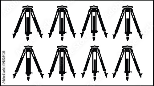 Eight Black Silhouettes of Surveying Tripods on a White Background equipment photography