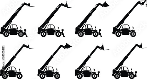 Eight Black Silhouettes of Telehandler Forklifts with Various Attachments on White Backgrounds telescopic handler